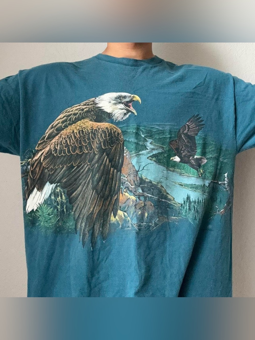 Vintage 1990s Signal Sport Habitat Eagle AOP Graphics Blue Single Stitched Shirt